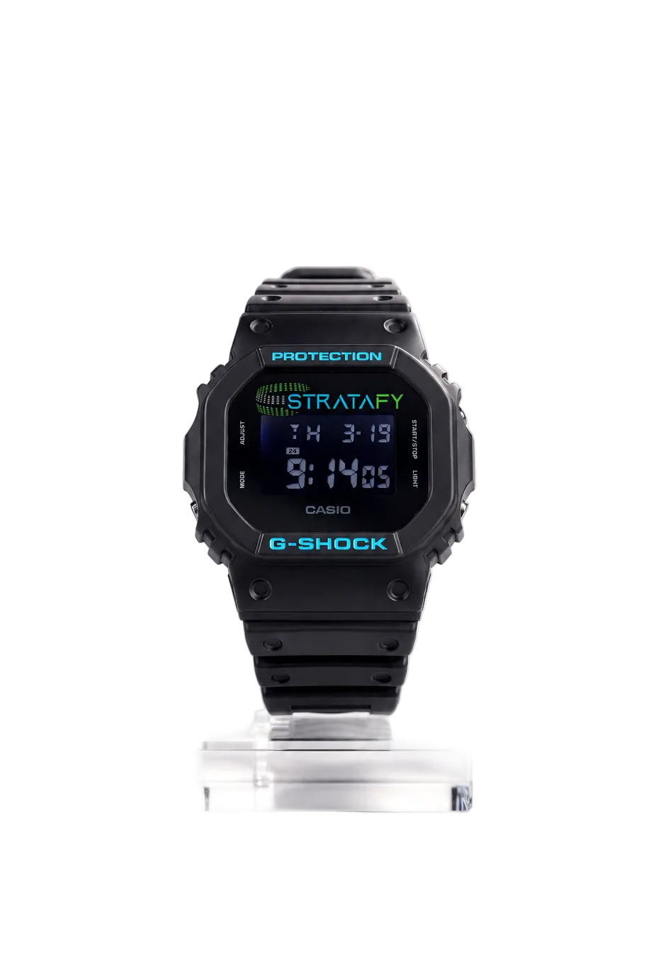 Stratafy branded black G-Shock design with blue and green logo