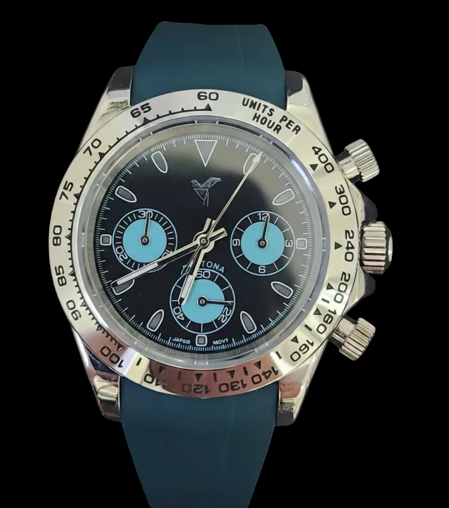 UbuntuGuard branded chronograph with blue subdials and teal strap